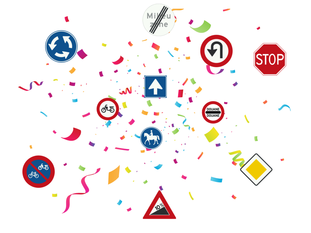 Confetti en verschillende verkeersborden.