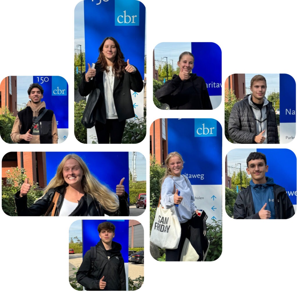 0-fouten-gang-confetti-2 Compilatie van acht foto's van net geslaagde theorie examen kandidaten voor het CBR gebouw.