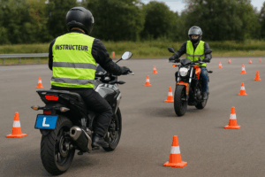 Leerling volgt motorrijles op oefenterrein met instructeur en pionnen
