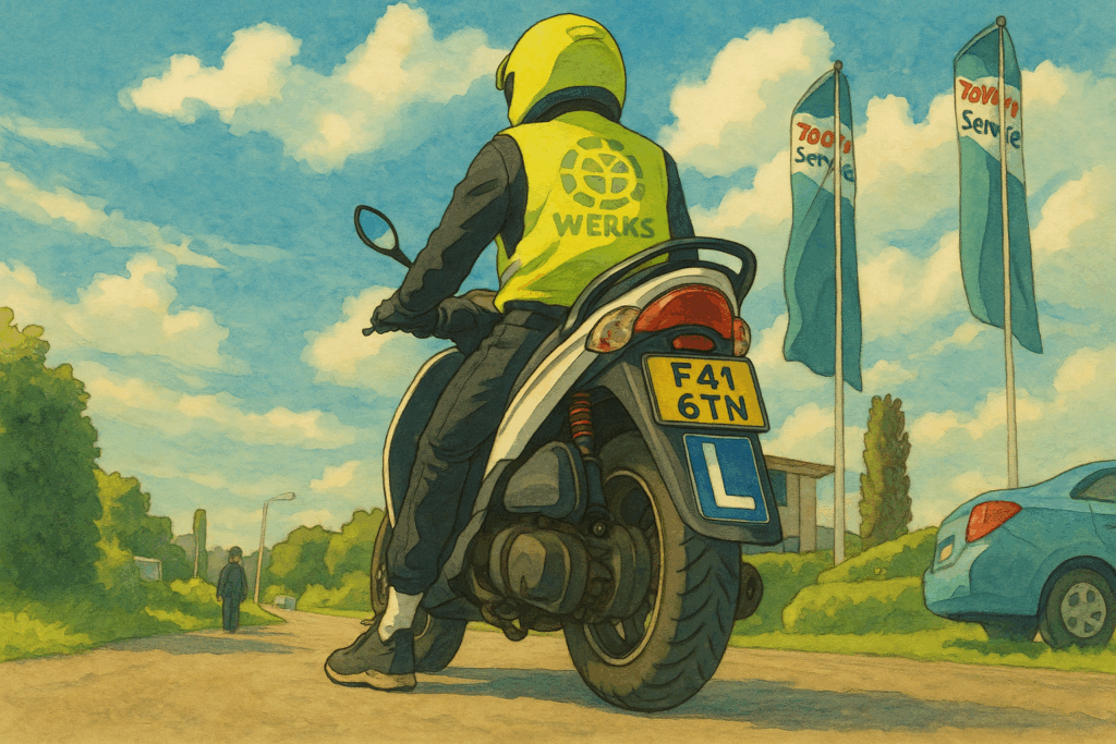 Scooterleerling met L-bord tijdens praktijkles – blog over kosten rijbewijs AM