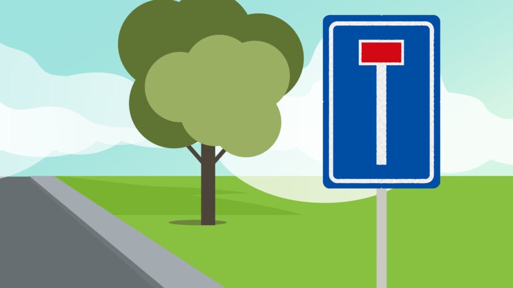 Doodlopende weg Verkeersbord doodlopende weg in woonwijk met blauwe achtergrond en rode balk – uitleg voor CBR theorie-examen