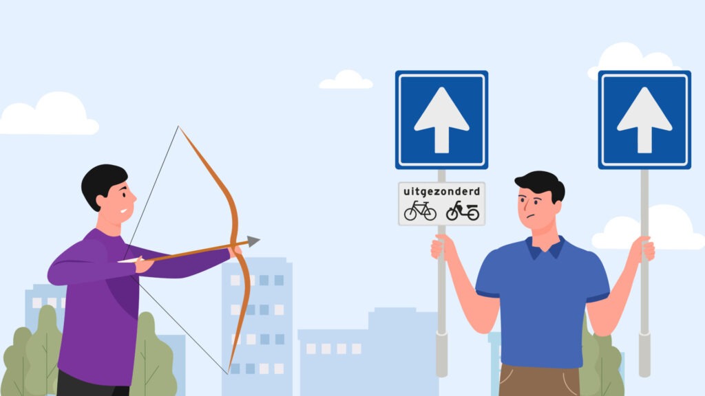 eenrichtingsweg Vergelijking van een eenrichtingsweg en eenrichtingsweg, met onderborden fietsers, snorfietsers en bromfietsers.