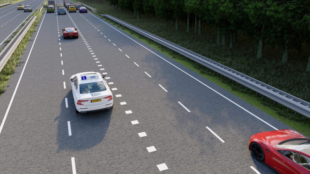 Naderen stilstaande file File rijden actie: andere waarschuwen met alarmlichten.