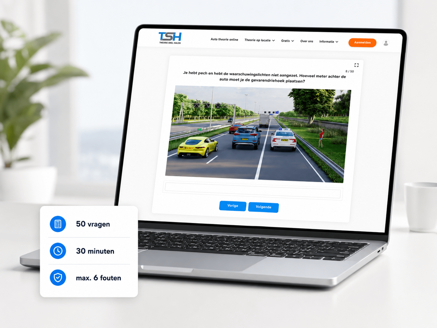 Mockup van gratis theorie examen oefenen op een laptop